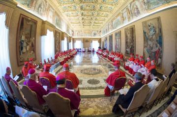 Papst Franziskus und Kardinäle am 19. Mai 2018 im Konsistoriums-Saal des Apostolischen Palastes im Vatikan.