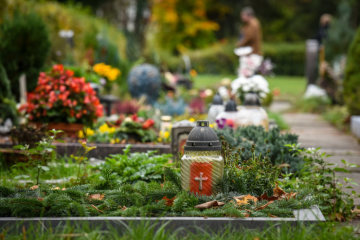 Ein Grablicht steht zwischen Tannengrün auf einem Grab am 1. November 2018 auf dem Nordfriedhof in Bonn.