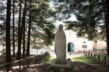 Statue einer Madonna von hinten zwischen Bäumen im Wald auf dem Gelände des ehemalige Klosters Trisulti am 15. April 2019 in Collepardo (Italien).
