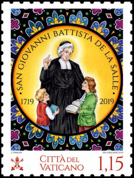 Briefmarke der Vatikanischen Post anlässlich des 300. Todestages von San Giovanni Battista de La Salle am 26. April 2019 im Vatikan.