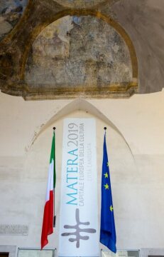 Banner von Matera (Italien), Kulturhauptstadt 2019, am 17. Mai 2018 in Matera.