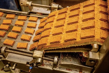 Eine Maschine stanzt Printen aus Lebkuchenteig am 30. Oktober 2023 in der Printenbäckerei Klein in Aachen.