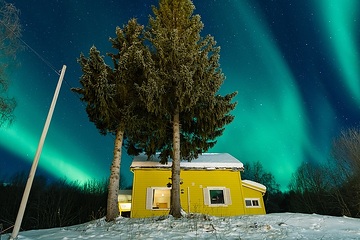Nordlicht leuchtet am 13. Dezember 2023 türkisgrün am dunkelblauen Nachthimmel über einem Haus in der Nähe von Alta (Norwegen).