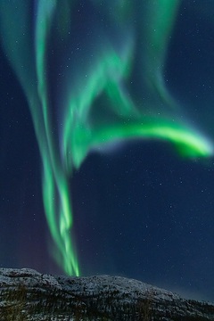 Nordlicht leuchtet türkisgrün wie ein Vorhang am dunkelblauen Nachthimmel über einem Berg in der Nähe von Alta (Norwegen) am 17. Dezember 2023.