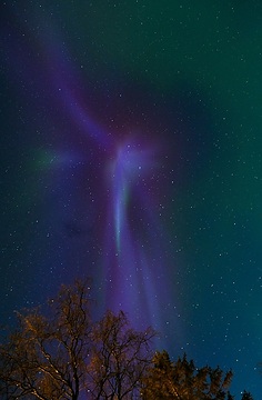 Violettes und grünes Licht leuchtet in der Nacht vom 14. Dezember 2023 am Himmel in der Nähe von Alta (Norwegen). Das Nordlicht sieht aus wie ein Engel.