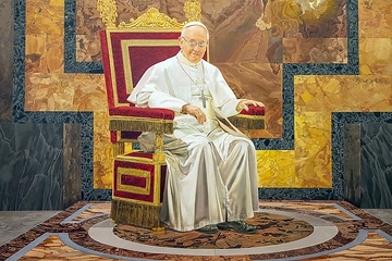 Gemälde von Papst Franziskus in den Privatgemächern der Sommerresidenz der Päpste in Castel Gandolfo (Italien) am 23. März 2024.