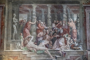 Fresko von Gorgio Vasari in der Empfangshalle Sala dei Cento Giorni ("Saal der 100 Tage") im Palazzo della Cancelleria (dt. "Kanzleipalast"), Sitz verschiedener Gerichtshöfe des Vatikan, am 12. September 2023 in Rom (Italien).